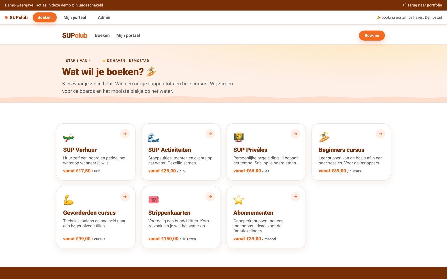 SUP-boekingsportaal met categorie-keuze in vier stappen