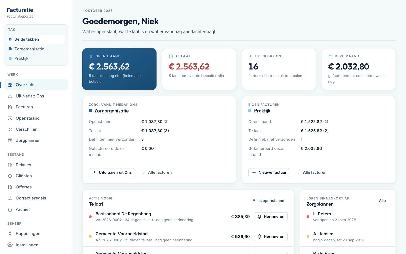 Facturatieportaal voor de zorg: overzicht met openstaande en te late facturen, uit het zorgdossier en eigen facturen
